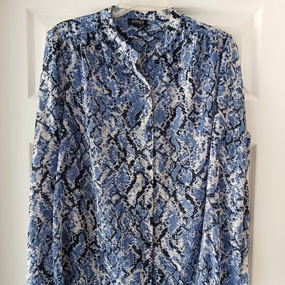 Jones New York Women Long Sleeve Blouse Blue White Camouflage Size Large - Picture 1 of 10